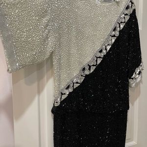 BOB MACKIE Beaded Sequence Dress Fully Embellished Black/White/Cream US Size 12